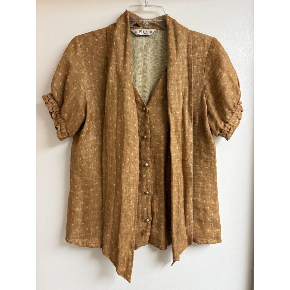 Abito Merida Mexican 100% Linen Scarf Neck Blouse Size Mustard Yellow Luxury M